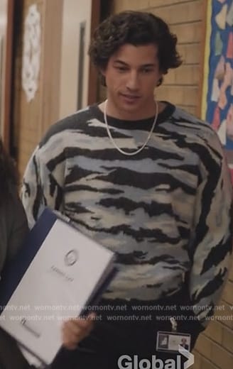 Simon’s camo print sweater on Abbott Elementary
