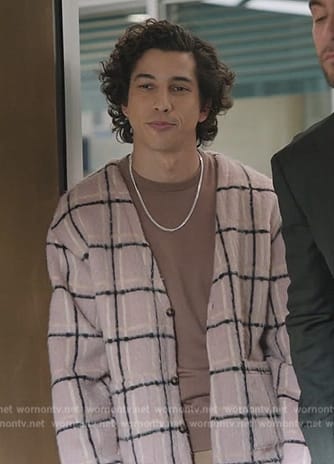 Simon’s pink check cardigan on Abbott Elementary