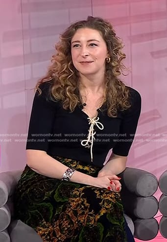 Sophie Von Haselberg’s black lace-up top and print skirt on Today