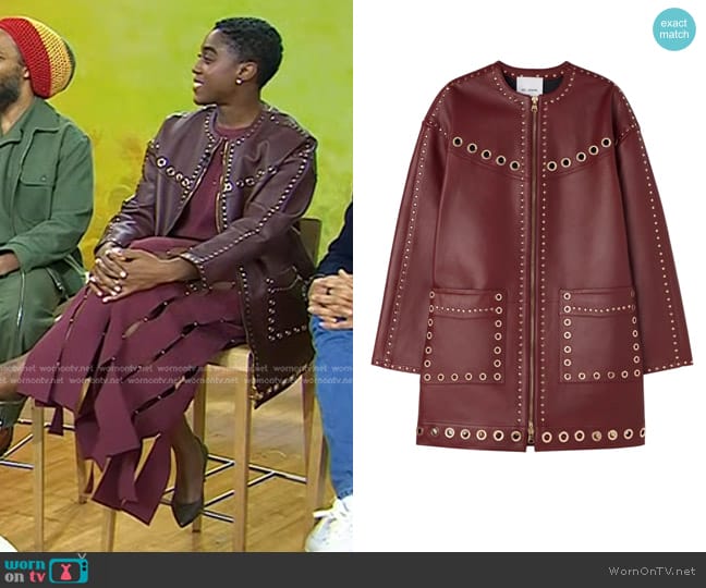 St. John Embellished Doubleface Leather Coat in Dark Cranberry worn by Lashana Lynch on Today