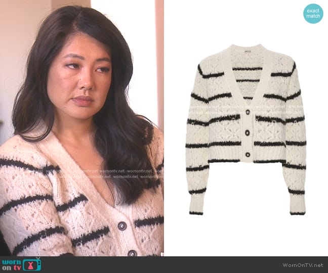 St. Roche Trellis Cardigan in Ivory W/ Black Stripes worn by Crystal Kung Minkoff on The Real Housewives of Beverly Hills