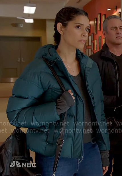 Stella’s teal green puffer jacket on Chicago Fire