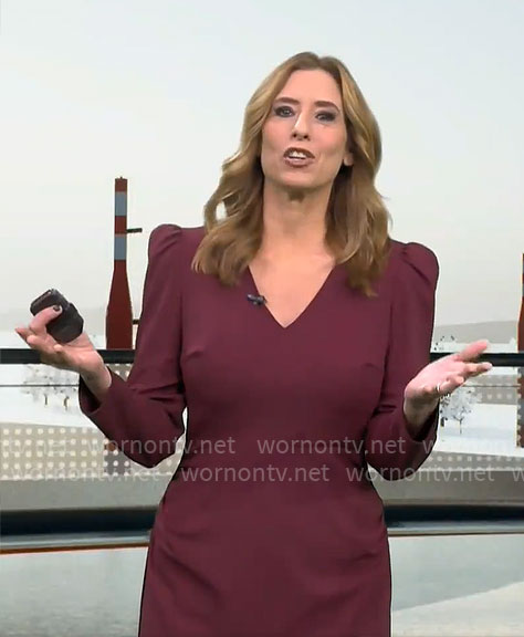 Stephanie Abrams’ burgundy v-neck long sleeve dress on CBS Mornings