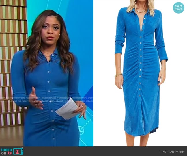 Suboo Lena Gathered Shirt Dress in Blue worn by Morgan Norwood on Good Morning America
