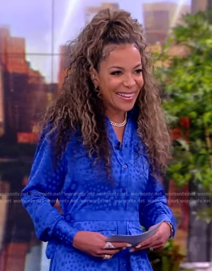 Sunny’s blue polka dot print satin shirtdress on The View