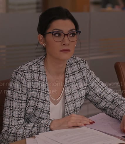 Susan’s grey checked tweed jacket on So Help Me Todd