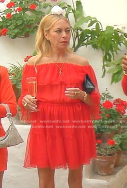 Sutton’s red off-shoulder chiffon mini dress on The Real Housewives of Beverly Hills