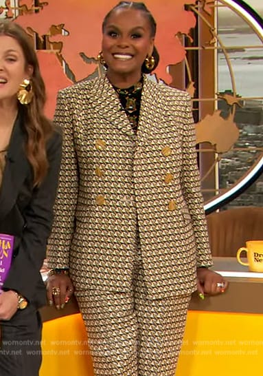 Tabitha Brown’s printed blazer and pants on The Drew Barrymore Show