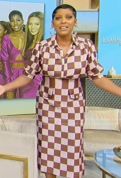 Tamron’s burgundy check top and skirt on Tamron Hall Show