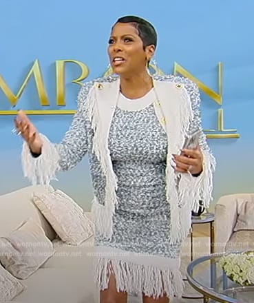 Tamron’s blue tweed fringe dress and jacket on Tamron Hall Show