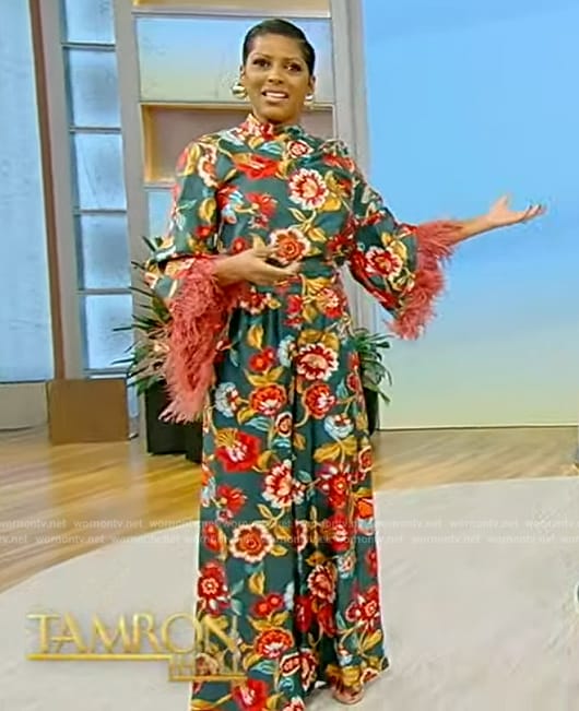 Tamron’s green floral print top with feather trim on Tamron Hall Show