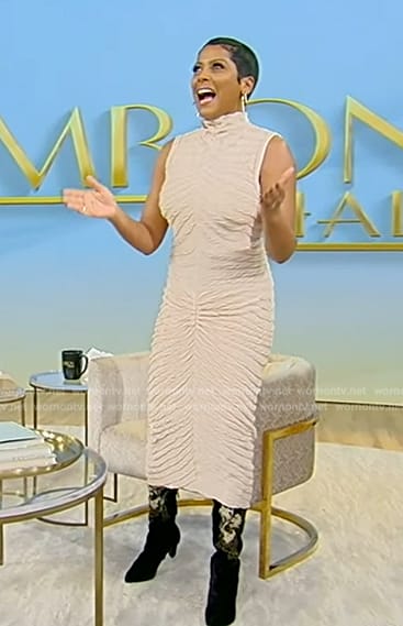 Tamron’s beige sleeveless ribbed dress on Tamron Hall Show