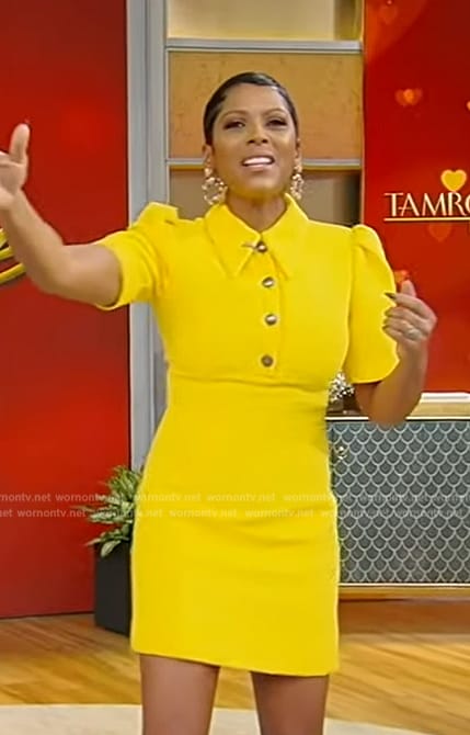 Tamron’s yellow tweed mini dress on Tamron Hall Show