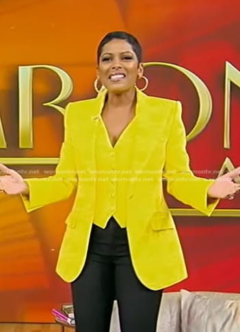 Tamron’s yellow jacquard vest and blazer on Tamron Hall Show