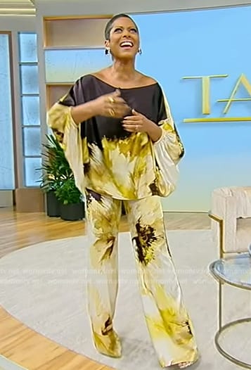 Tamron’s printed off shoulder top and pants on Tamron Hall Show