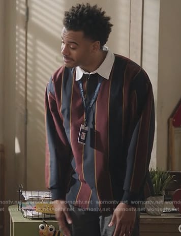 Tarique’s rugby stripe polo on Abbott Elementary