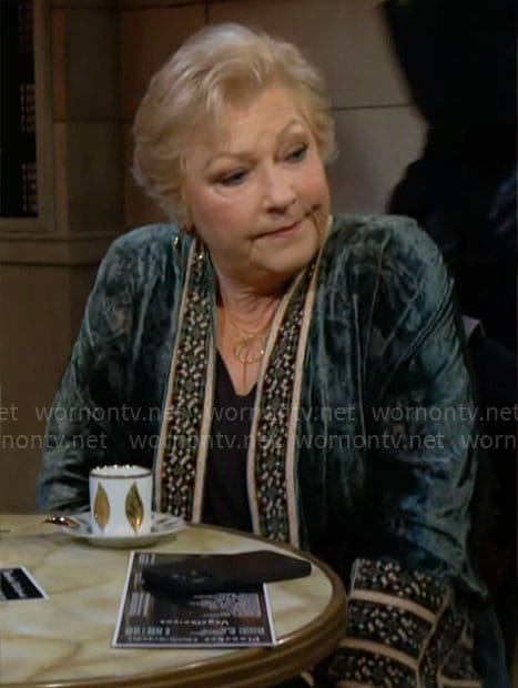 Traci’s green embroidered velvet jacket on The Young and the Restless