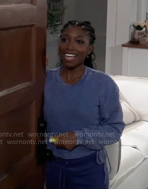 Trina’s blue drawstring sweatshirt on General Hospital