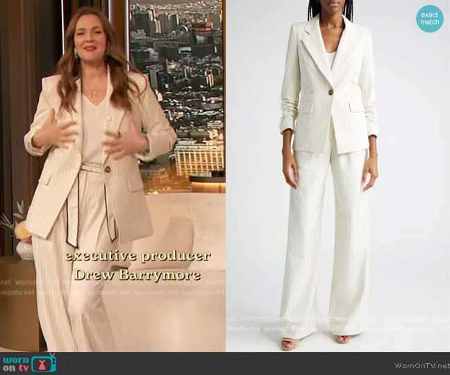 Veronica Beard Battista Pinstripe Dickey Jacket worn by Drew Barrymore on The Drew Barrymore Show