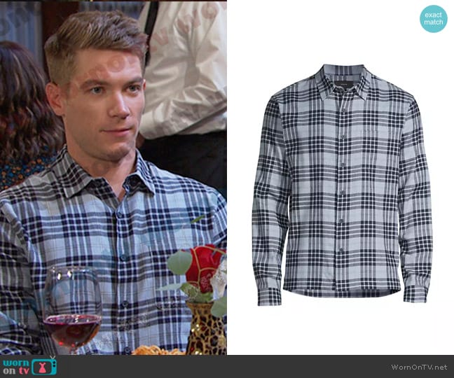 Vince Calabasas Plaid Shirt in Light Blue worn by Tripp Johnson (Lucas Adams) on Days of our Lives