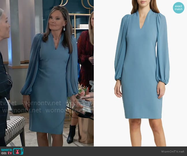 Vince Camuto Chiffon Long Sleeve Crepe Dress in Dusty Blue worn by Lucy Coe (Lynn Herring) on General Hospital