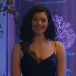 Violet’s navy lace trim dress at Casey & Brett’s wedding on Chicago Fire