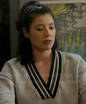 Violet’s grey striped trim v-neck sweatshirt on Chicago Fire
