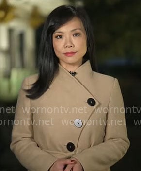 Weijia Jiang’s asymmetric button coat on CBS Mornings
