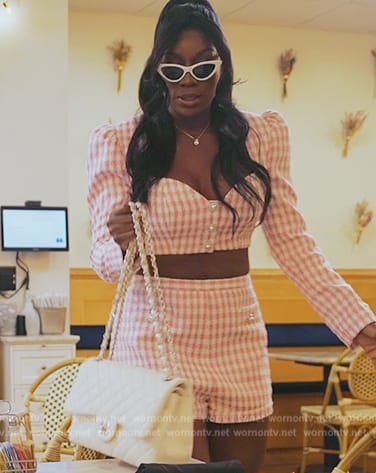 Wendy’s pink tweed crop top and shorts on The Real Housewives of Potomac