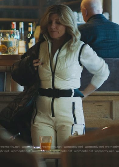 White contrast ski jumpsuit on Mr. & Mrs. Smith
