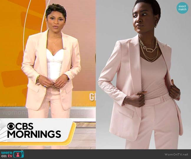 White House Black Market The Relaxed Blazer in Rose Smoke worn by Jericka Duncan on CBS Mornings