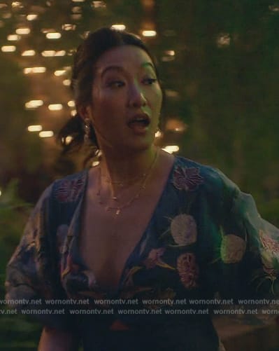 Sumi’s blue floral print midi dress on Good Trouble