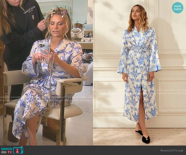 Yolke Silk Dressing Gown in white and blue worn by Dorit Kemsley on The Real Housewives of Beverly Hills