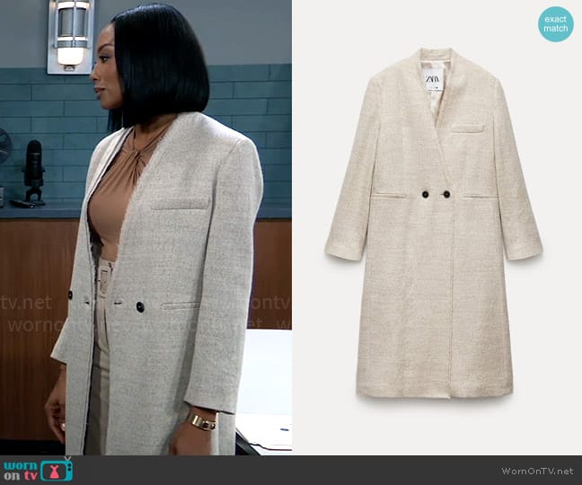 Zara Collarless Mateco Wool Coat worn by Jordan Ashford (Tanisha Mariko Harper) on General Hospital