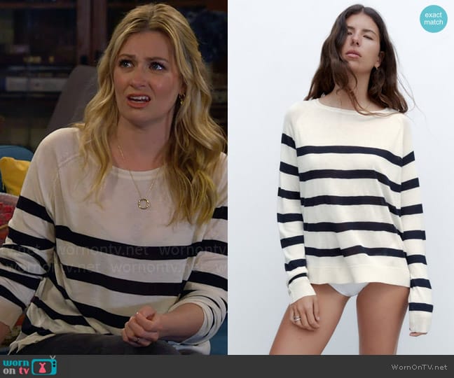 Zara Basic Knit Sweater in Navy White worn by Gemma (Beth Behrs) on The Neighborhood