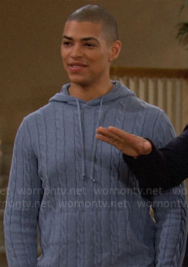 Zende’s blue cable knit hoodie on The Bold and the Beautiful