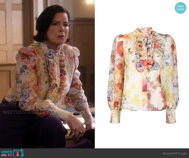 Zimmermann Wonderland Floral Blouse worn by Margaret Wright (Marcia Gay Harden) on So Help Me Todd