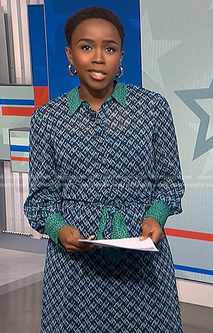 Zinhle Essamuah’s blue and green printed shirtdress on NBC News Daily