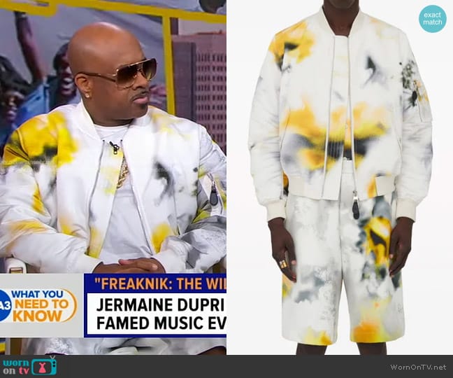 Alexander McQueen Obscured Flower Padded Bomber Jacket worn by Jermaine Dupri on Good Morning America