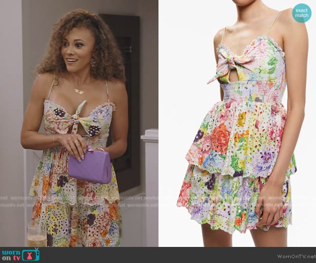 Alice + Olivia Fina Floral Ruffle Cotton Minidress worn by Ashley Darby on The Real Housewives of Potomac