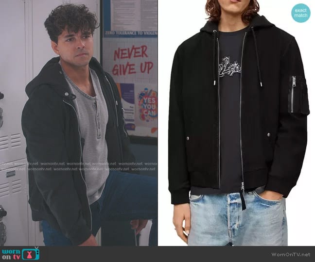 All Saints Izaka Nubuck Leather Bomber Jacket worn by Lucas Adams (Niko Terho) on Greys Anatomy