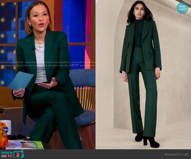 Banana Republic Lido Sculpted Italian Wool Blazer in Paris Green worn by Eva Pilgrim on Good Morning America