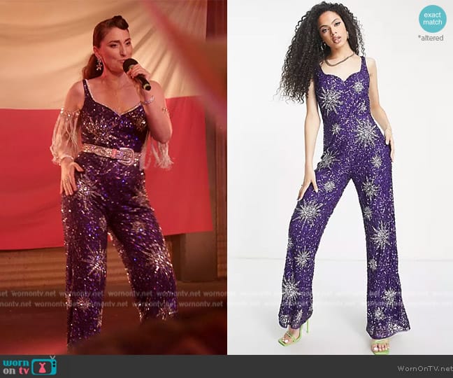 ASOS Band Of Stars premium embellished wide leg plunge back jumpsuit in purple worn by Dawn Solano (Sara Bareilles) on Girls5eva