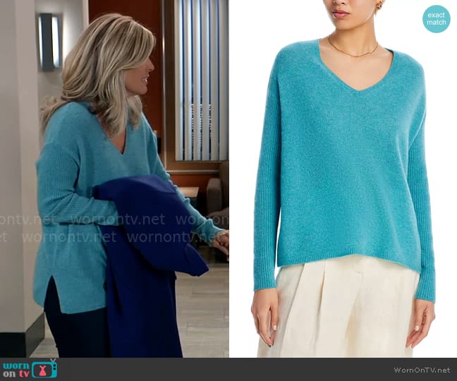 C by Bloomingdales V-Neck Ribbed Sleeve Cashmere Sweater in Marled Tea worn by Carly Spencer (Laura Wright) on General Hospital