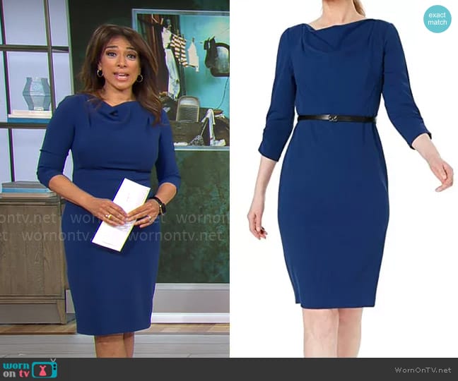 Calvin Klein Three Quarter Sleeve Belted Cowl Neck Sheath Dress in Dark Mallard worn by Michelle Miller on CBS Mornings