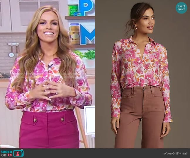 Cloth & Stone Printed Buttondown Shirt in Orange Motif worn by Alyssa Rivers on Good Morning America