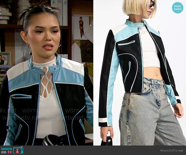 Daisy Street 90s fitted moto jacket worn by Luna (Lisa Yamada) on The Bold and the Beautiful