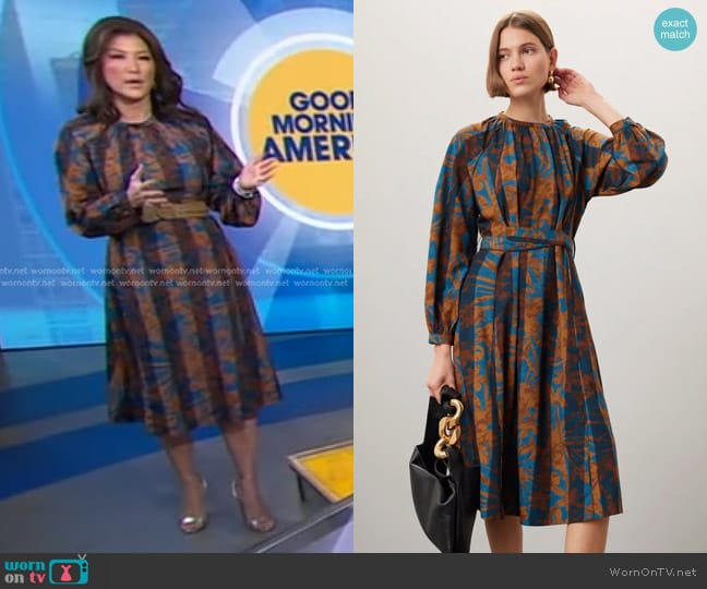 Eudon Choi Collective Tie Waist Printed Midi Dress worn by Juju Chang on Good Morning America