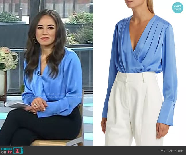 Favorite Daughter Surplice Long Sleeve Satin Bodysuit in Provence worn by Kaylee Hartung on Today