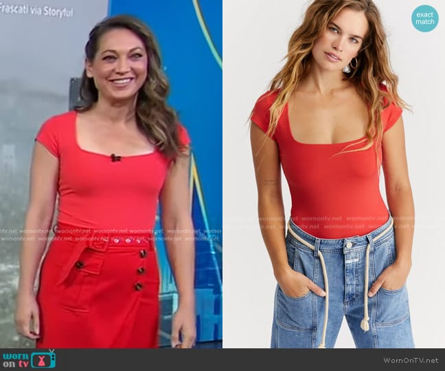 Free People Fair and Square Neck Duo Bodysuit in Red worn by Ginger Zee on Good Morning America